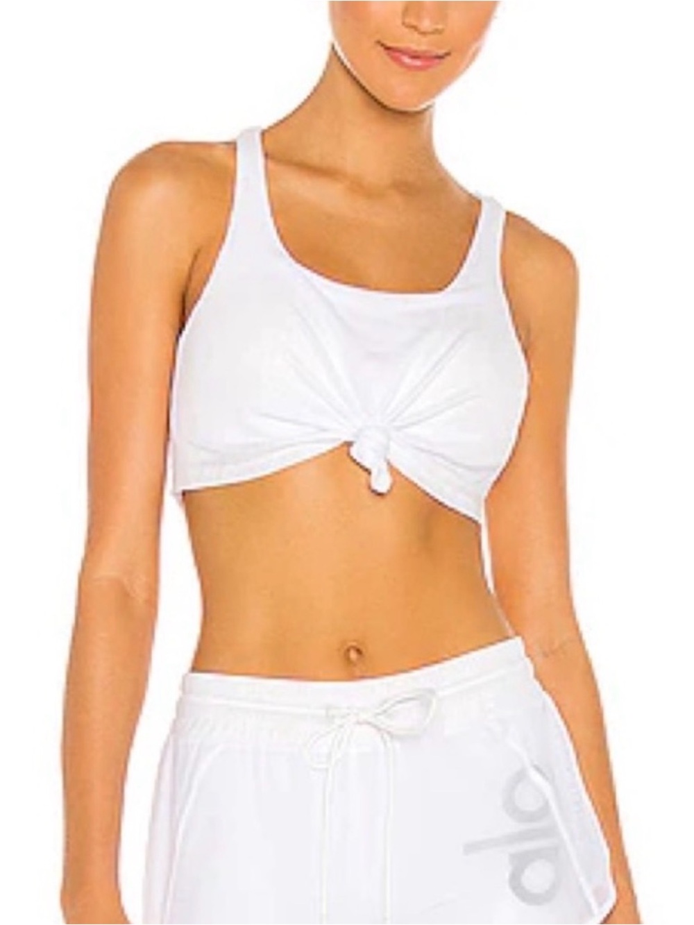 ALO Yoga White Ribbed Knot-Front Racerback Sports Bra
